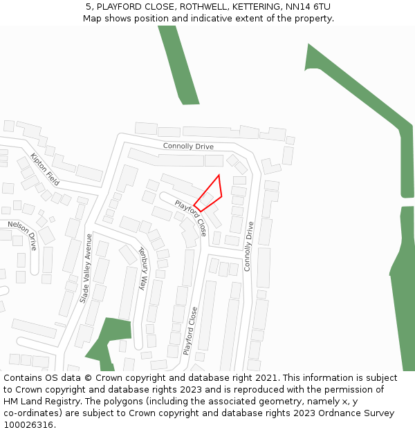 5, PLAYFORD CLOSE, ROTHWELL, KETTERING, NN14 6TU: Location map and indicative extent of plot