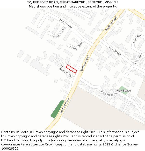 50, BEDFORD ROAD, GREAT BARFORD, BEDFORD, MK44 3JF: Location map and indicative extent of plot