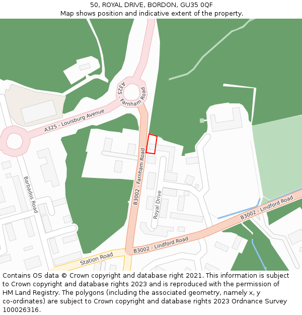 50, ROYAL DRIVE, BORDON, GU35 0QF: Location map and indicative extent of plot