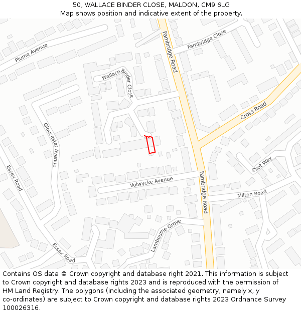 50, WALLACE BINDER CLOSE, MALDON, CM9 6LG: Location map and indicative extent of plot