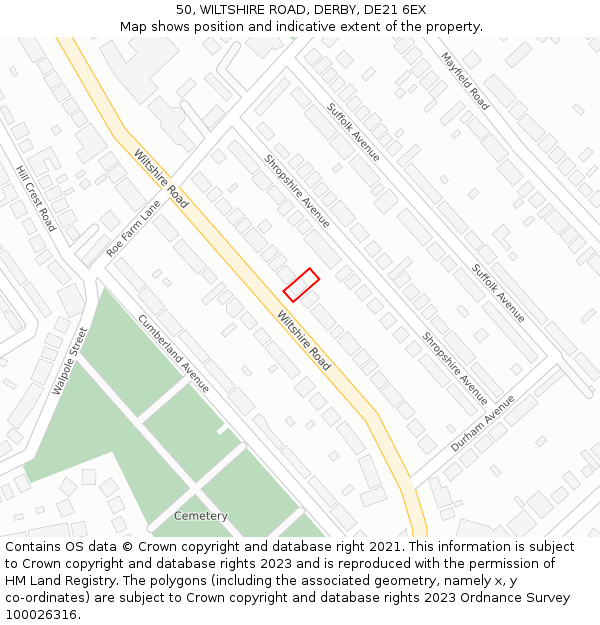 50, WILTSHIRE ROAD, DERBY, DE21 6EX: Location map and indicative extent of plot