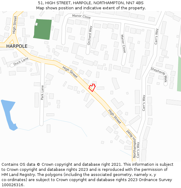 51, HIGH STREET, HARPOLE, NORTHAMPTON, NN7 4BS: Location map and indicative extent of plot