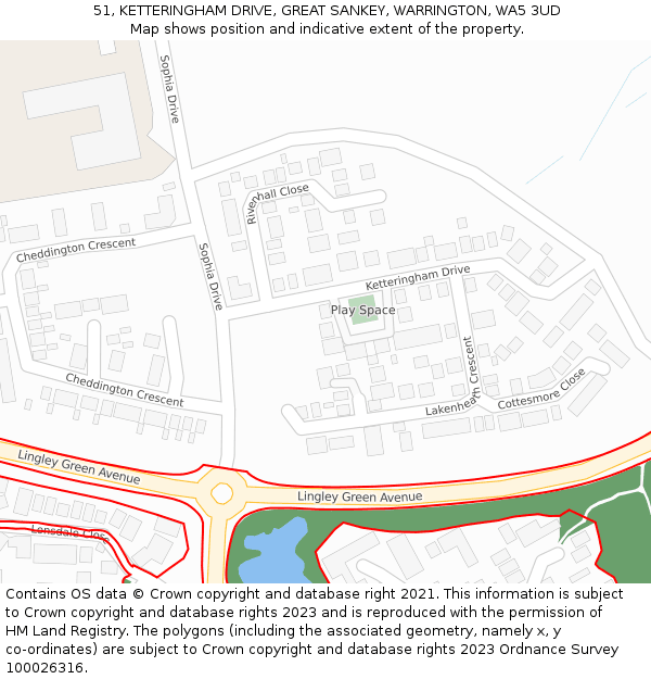 51, KETTERINGHAM DRIVE, GREAT SANKEY, WARRINGTON, WA5 3UD: Location map and indicative extent of plot