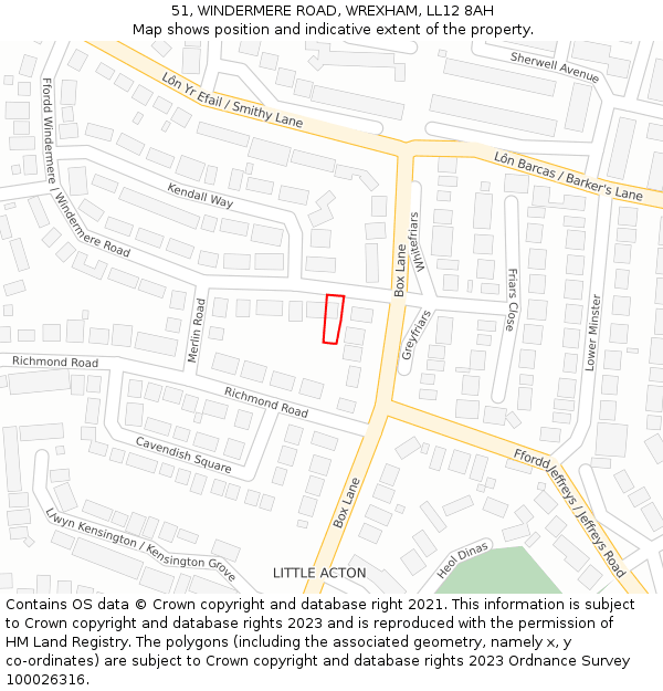 51, WINDERMERE ROAD, WREXHAM, LL12 8AH: Location map and indicative extent of plot