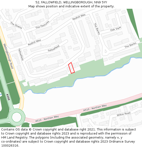 52, FALLOWFIELD, WELLINGBOROUGH, NN9 5YY: Location map and indicative extent of plot