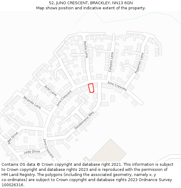 52, JUNO CRESCENT, BRACKLEY, NN13 6GN: Location map and indicative extent of plot