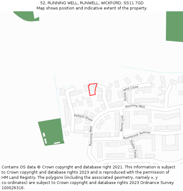 52, RUNNING WELL, RUNWELL, WICKFORD, SS11 7GD: Location map and indicative extent of plot