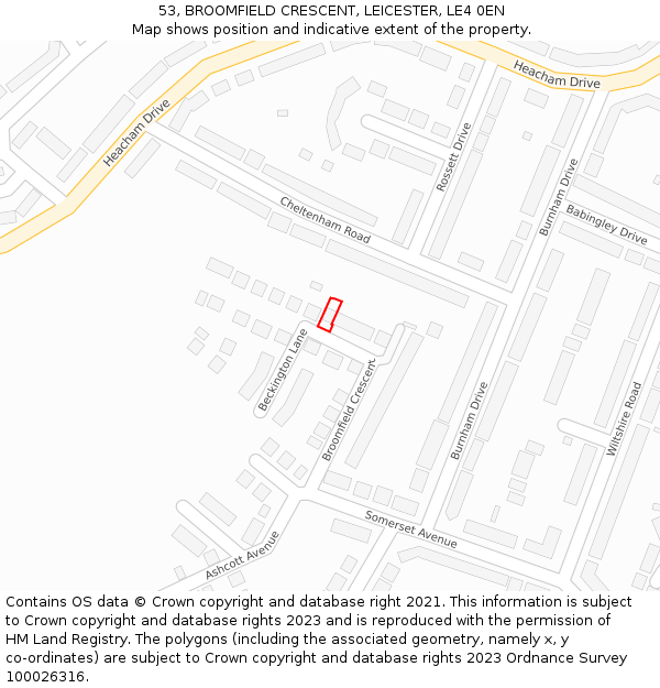 53, BROOMFIELD CRESCENT, LEICESTER, LE4 0EN: Location map and indicative extent of plot