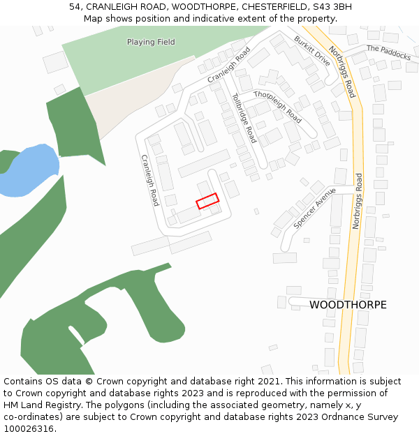 54, CRANLEIGH ROAD, WOODTHORPE, CHESTERFIELD, S43 3BH: Location map and indicative extent of plot