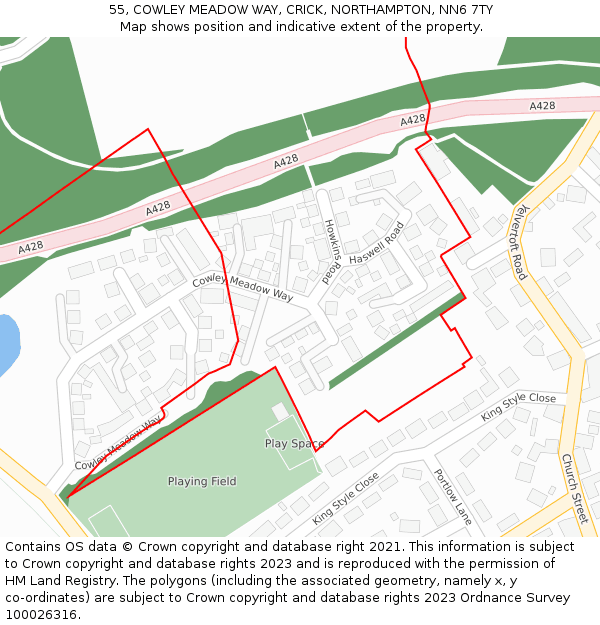 55, COWLEY MEADOW WAY, CRICK, NORTHAMPTON, NN6 7TY: Location map and indicative extent of plot