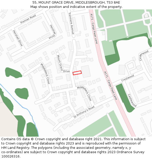 55, MOUNT GRACE DRIVE, MIDDLESBROUGH, TS3 8AE: Location map and indicative extent of plot