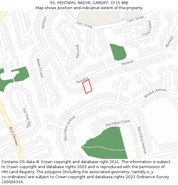 55, PENTWYN, RADYR, CARDIFF, CF15 8RE: Location map and indicative extent of plot