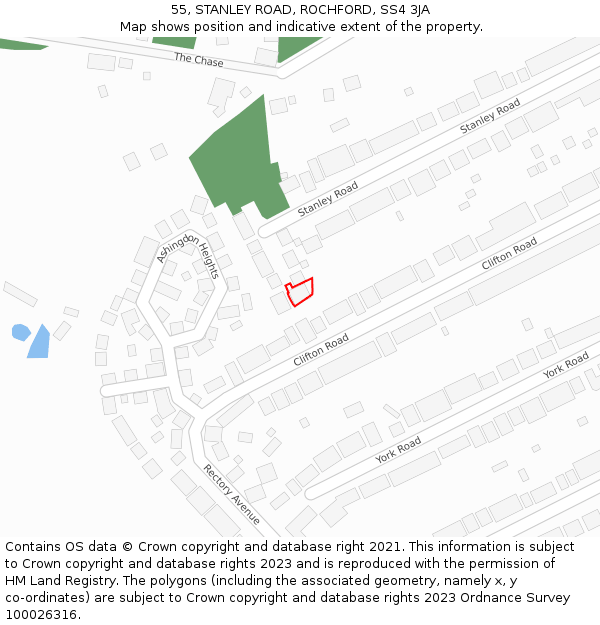 55, STANLEY ROAD, ROCHFORD, SS4 3JA: Location map and indicative extent of plot