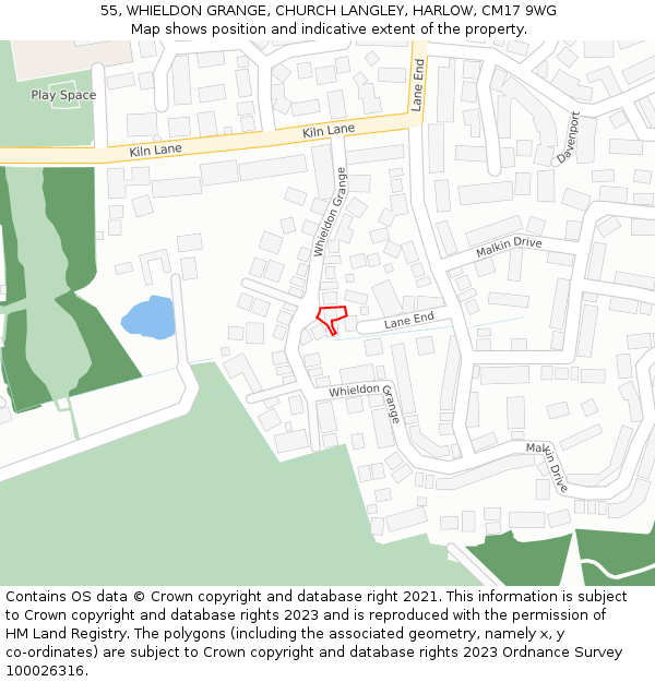 55, WHIELDON GRANGE, CHURCH LANGLEY, HARLOW, CM17 9WG: Location map and indicative extent of plot