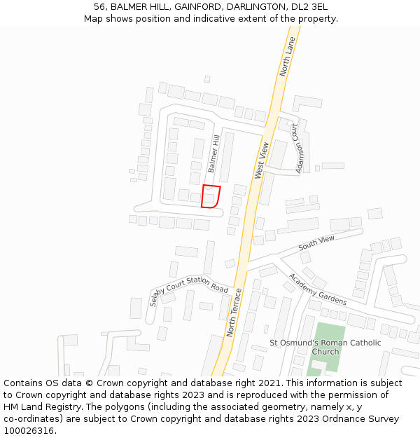 56, BALMER HILL, GAINFORD, DARLINGTON, DL2 3EL: Location map and indicative extent of plot