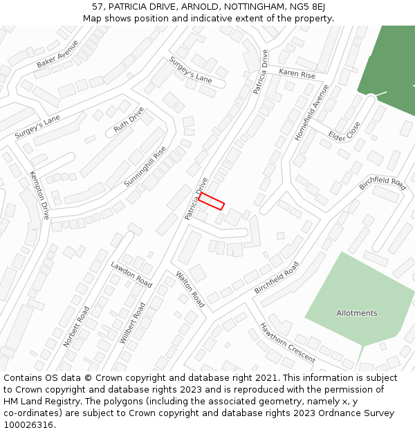 57, PATRICIA DRIVE, ARNOLD, NOTTINGHAM, NG5 8EJ: Location map and indicative extent of plot