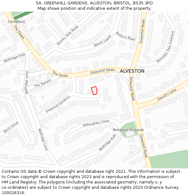 5A, GREENHILL GARDENS, ALVESTON, BRISTOL, BS35 3PD: Location map and indicative extent of plot