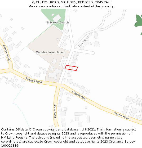 6, CHURCH ROAD, MAULDEN, BEDFORD, MK45 2AU: Location map and indicative extent of plot