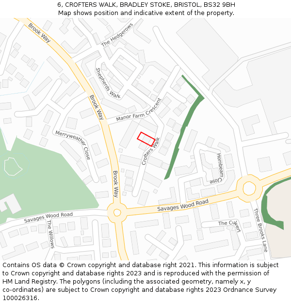 6, CROFTERS WALK, BRADLEY STOKE, BRISTOL, BS32 9BH: Location map and indicative extent of plot