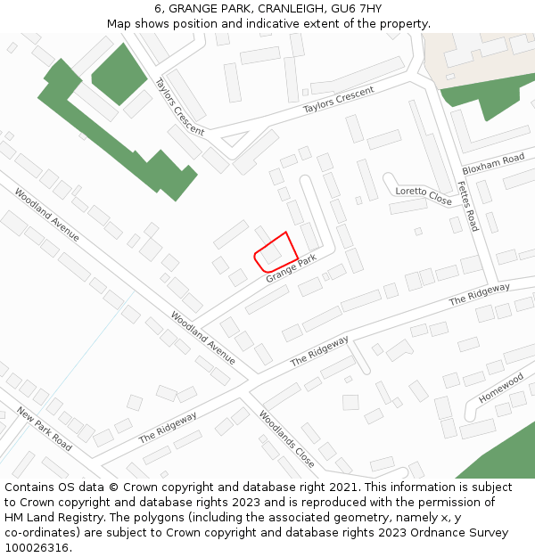 6, GRANGE PARK, CRANLEIGH, GU6 7HY: Location map and indicative extent of plot