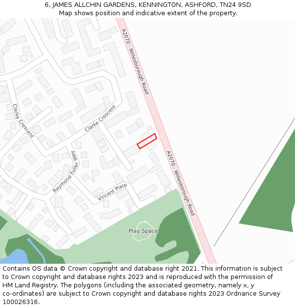 6, JAMES ALLCHIN GARDENS, KENNINGTON, ASHFORD, TN24 9SD: Location map and indicative extent of plot