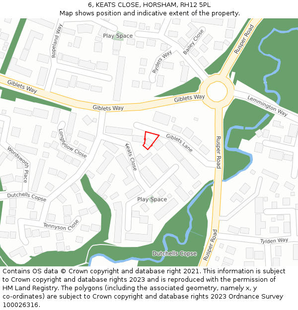 6, KEATS CLOSE, HORSHAM, RH12 5PL: Location map and indicative extent of plot