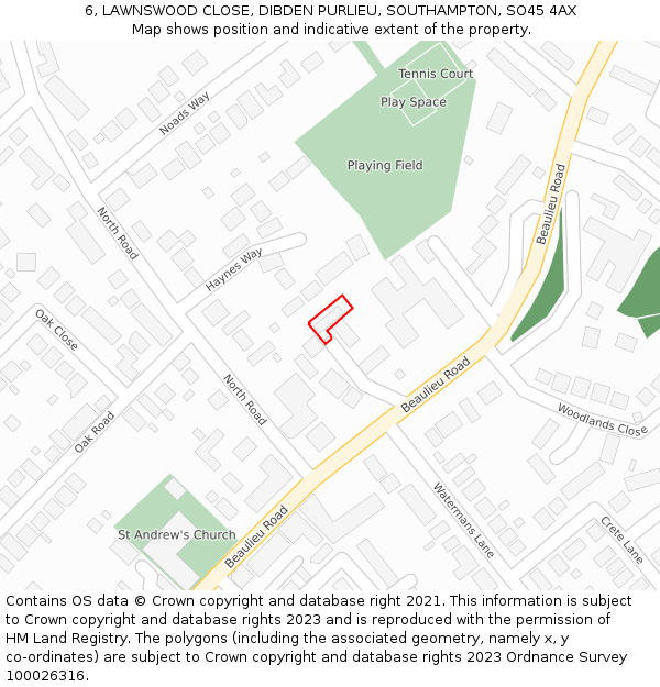 6, LAWNSWOOD CLOSE, DIBDEN PURLIEU, SOUTHAMPTON, SO45 4AX: Location map and indicative extent of plot