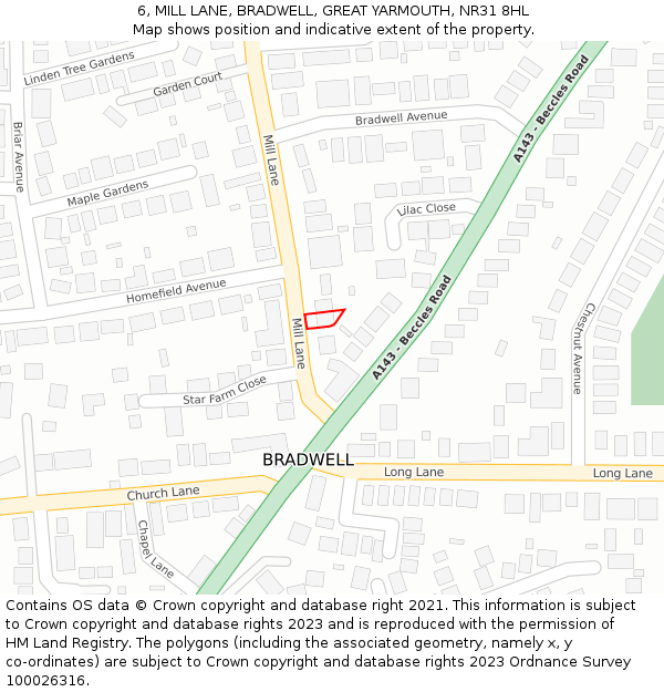 6, MILL LANE, BRADWELL, GREAT YARMOUTH, NR31 8HL: Location map and indicative extent of plot