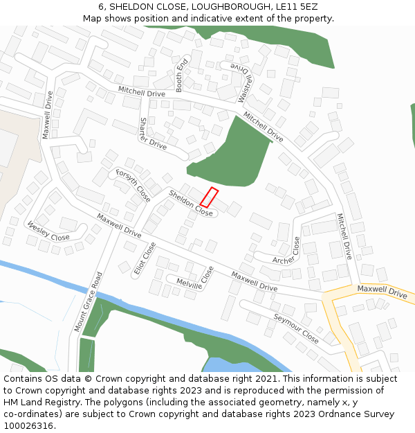 6, SHELDON CLOSE, LOUGHBOROUGH, LE11 5EZ: Location map and indicative extent of plot