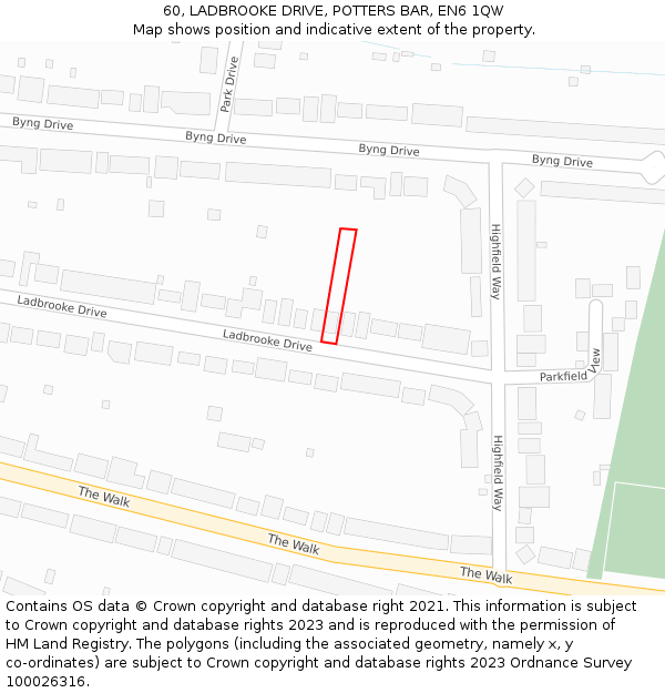 60, LADBROOKE DRIVE, POTTERS BAR, EN6 1QW: Location map and indicative extent of plot