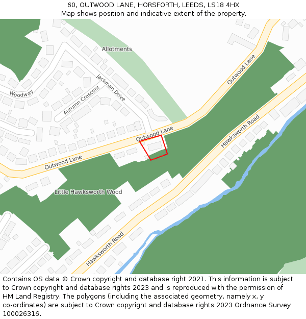 60, OUTWOOD LANE, HORSFORTH, LEEDS, LS18 4HX: Location map and indicative extent of plot