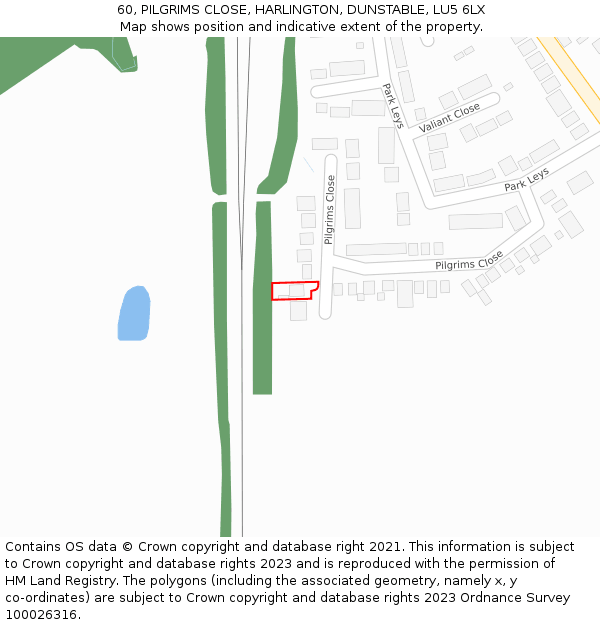 60, PILGRIMS CLOSE, HARLINGTON, DUNSTABLE, LU5 6LX: Location map and indicative extent of plot