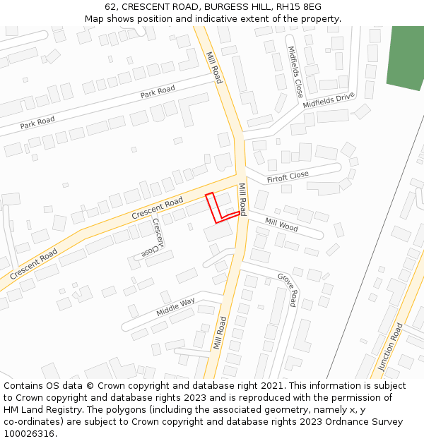 62, CRESCENT ROAD, BURGESS HILL, RH15 8EG: Location map and indicative extent of plot