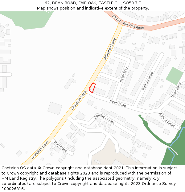 62, DEAN ROAD, FAIR OAK, EASTLEIGH, SO50 7JE: Location map and indicative extent of plot