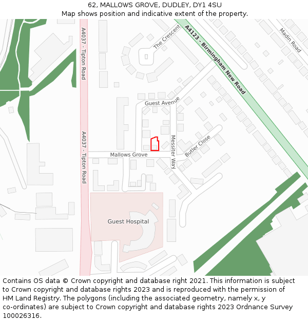 62, MALLOWS GROVE, DUDLEY, DY1 4SU: Location map and indicative extent of plot