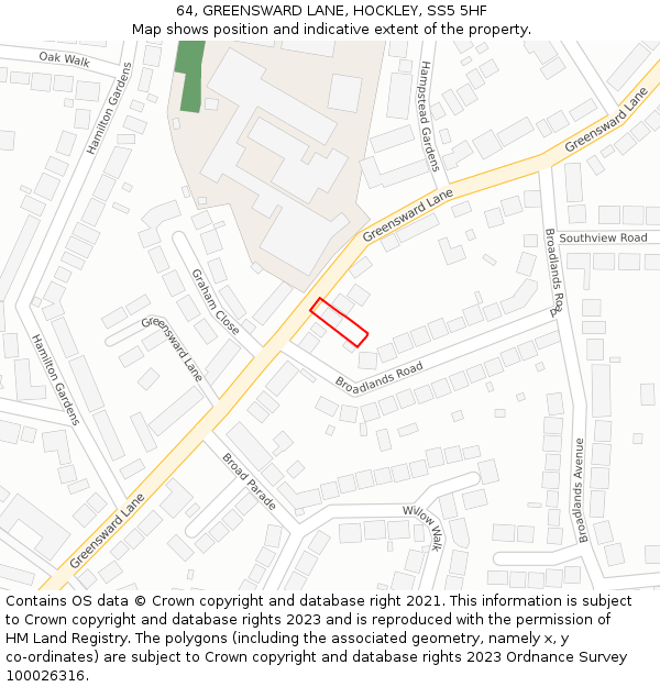 64, GREENSWARD LANE, HOCKLEY, SS5 5HF: Location map and indicative extent of plot