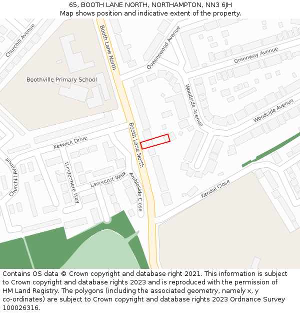 65, BOOTH LANE NORTH, NORTHAMPTON, NN3 6JH: Location map and indicative extent of plot