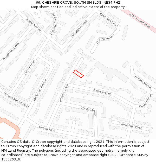 66, CHESHIRE GROVE, SOUTH SHIELDS, NE34 7HZ: Location map and indicative extent of plot