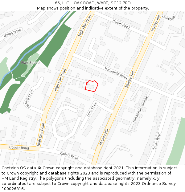 66, HIGH OAK ROAD, WARE, SG12 7PD: Location map and indicative extent of plot