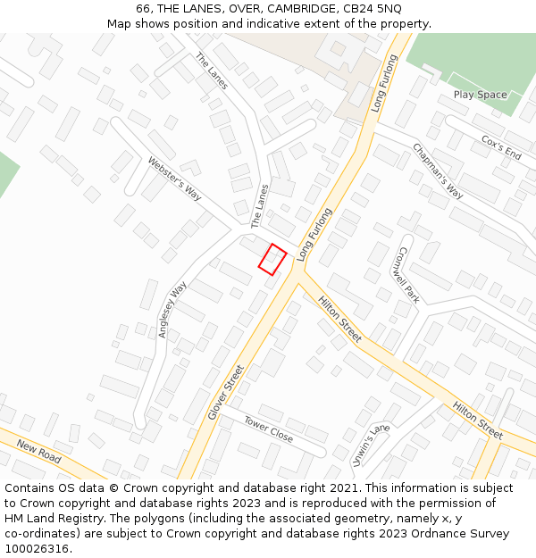 66, THE LANES, OVER, CAMBRIDGE, CB24 5NQ: Location map and indicative extent of plot