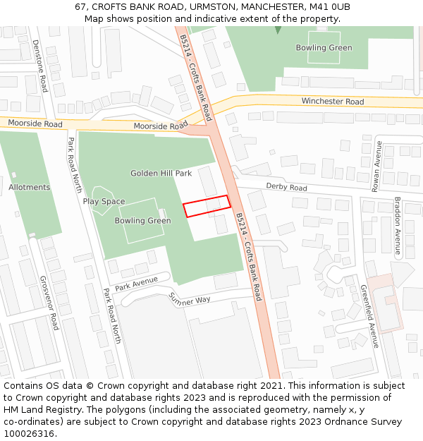 67, CROFTS BANK ROAD, URMSTON, MANCHESTER, M41 0UB: Location map and indicative extent of plot