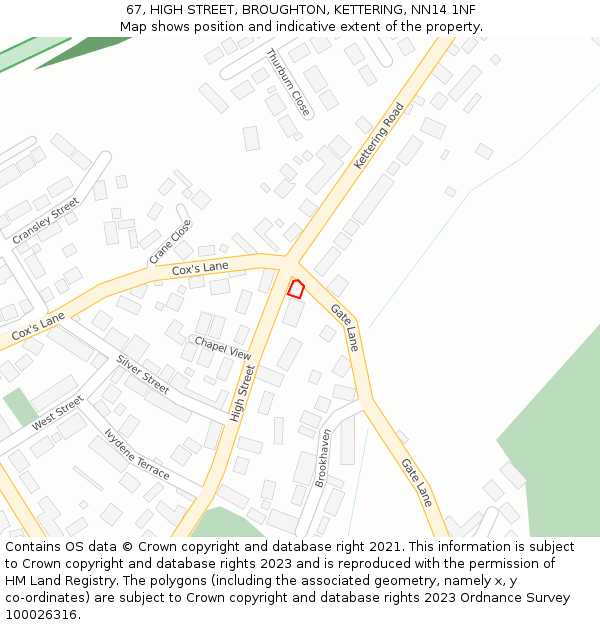 67, HIGH STREET, BROUGHTON, KETTERING, NN14 1NF: Location map and indicative extent of plot