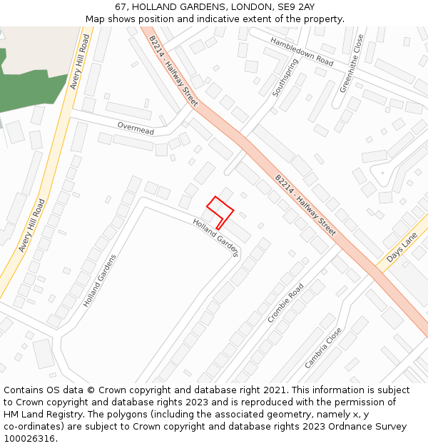 67, HOLLAND GARDENS, LONDON, SE9 2AY: Location map and indicative extent of plot