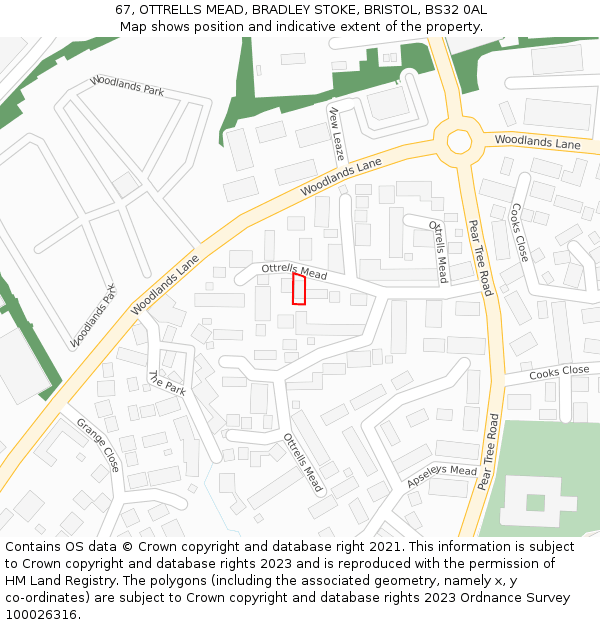 67, OTTRELLS MEAD, BRADLEY STOKE, BRISTOL, BS32 0AL: Location map and indicative extent of plot