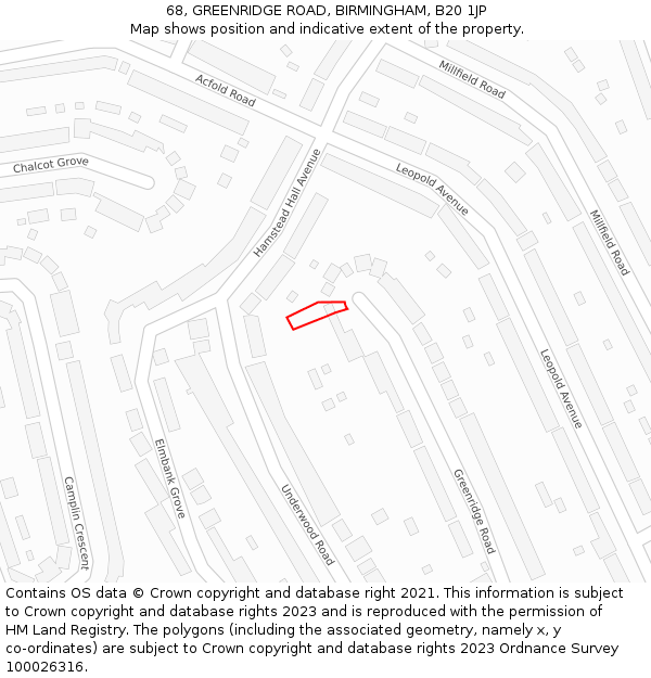 68, GREENRIDGE ROAD, BIRMINGHAM, B20 1JP: Location map and indicative extent of plot