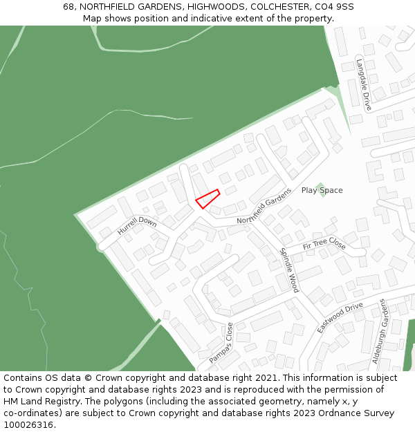 68, NORTHFIELD GARDENS, HIGHWOODS, COLCHESTER, CO4 9SS: Location map and indicative extent of plot