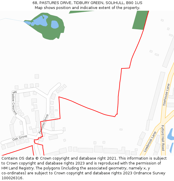 68, PASTURES DRIVE, TIDBURY GREEN, SOLIHULL, B90 1US: Location map and indicative extent of plot