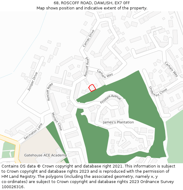 68, ROSCOFF ROAD, DAWLISH, EX7 0FF: Location map and indicative extent of plot