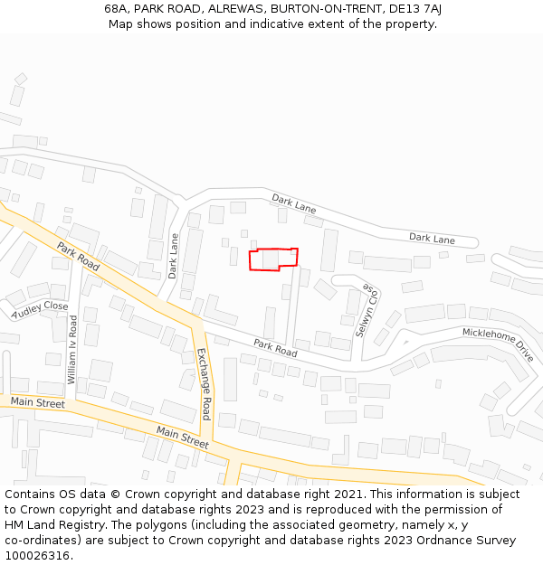 68A, PARK ROAD, ALREWAS, BURTON-ON-TRENT, DE13 7AJ: Location map and indicative extent of plot