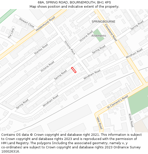 68A, SPRING ROAD, BOURNEMOUTH, BH1 4PS: Location map and indicative extent of plot